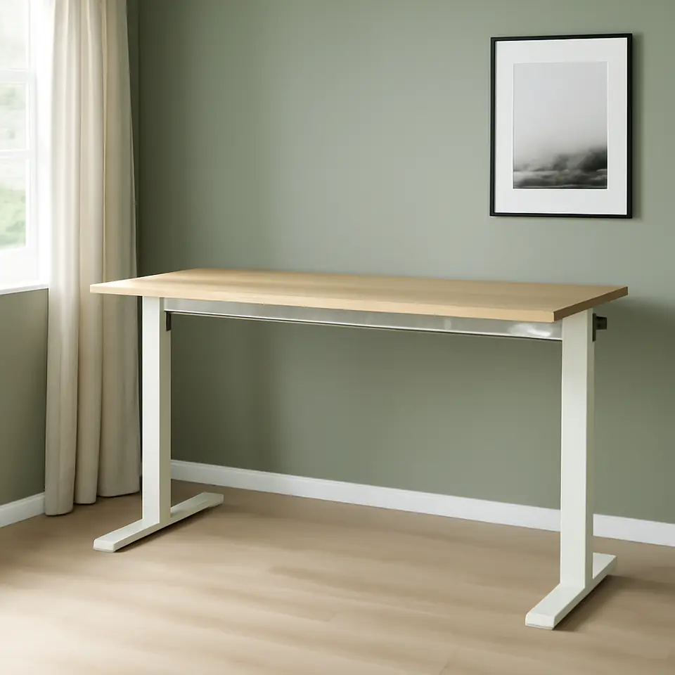 Møbelmontering MITTZON Skrivebord hæve/sænke, elektrisk egetræsfiner/hvid, 160×60 cm | Billig & Hurtig i København