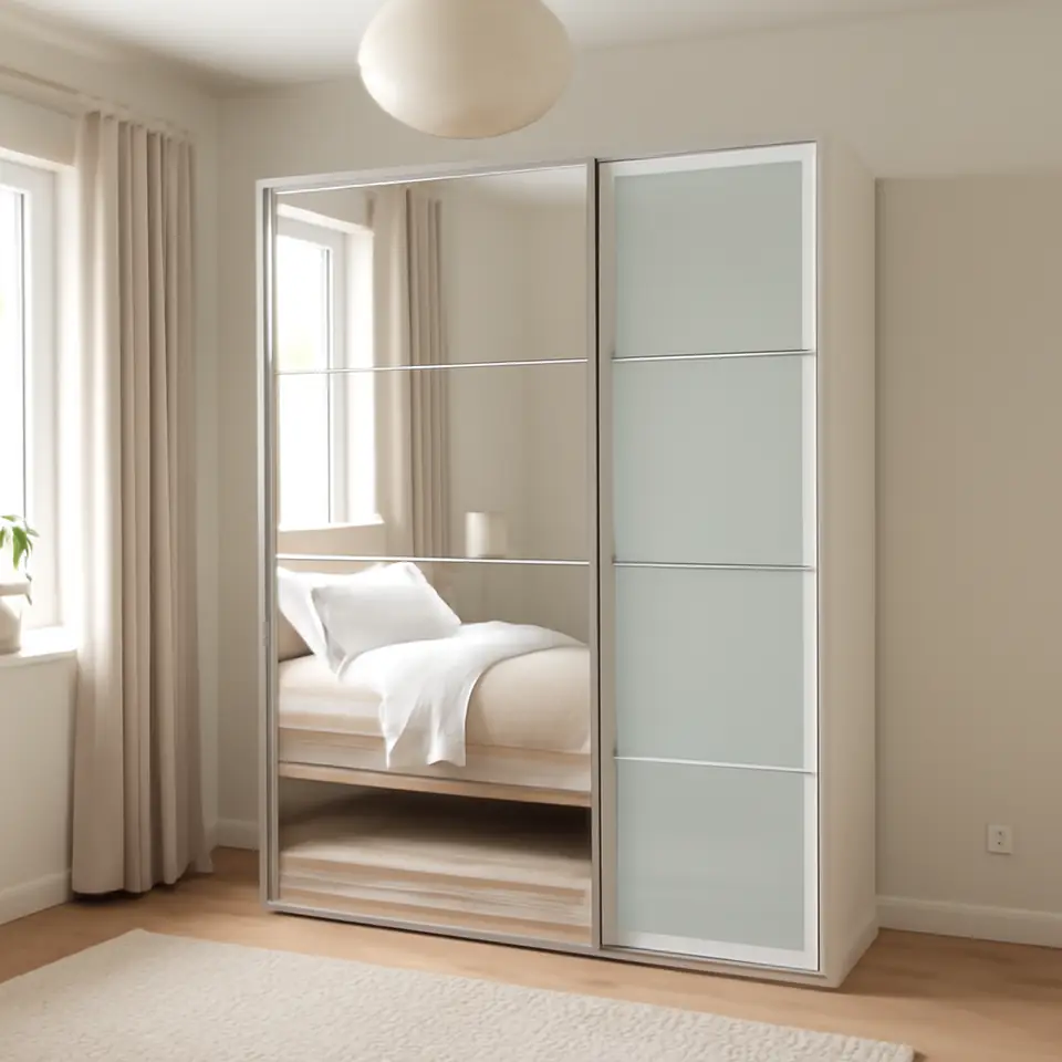 Møbelmontering PAX / AULI Garderobe m skydedøre, hvid/spejl, 150x66x201 cm | Få et tilbud i dag