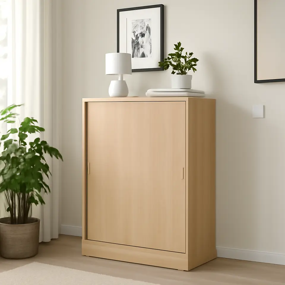 Møbelmontering TONSTAD Skab med skydedøre, egetræsfiner, 82x37x120 cm | Billig & Hurtig i København