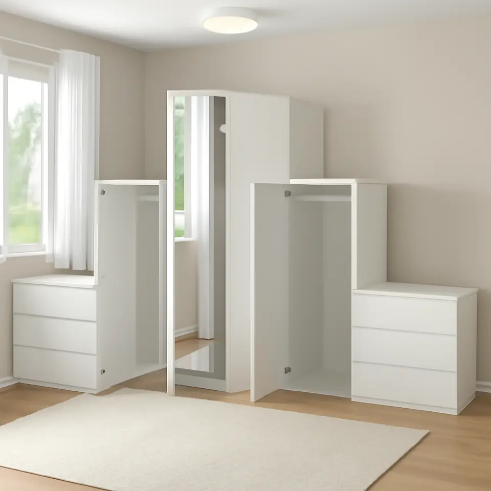 Møbelmontering PLATSA Garderobeskab med 3 døre+6 skuffer, hvid STRAUMEN spejlglas/FONNES hvid, 300x57x181 cm | Billig & Hurtig i København