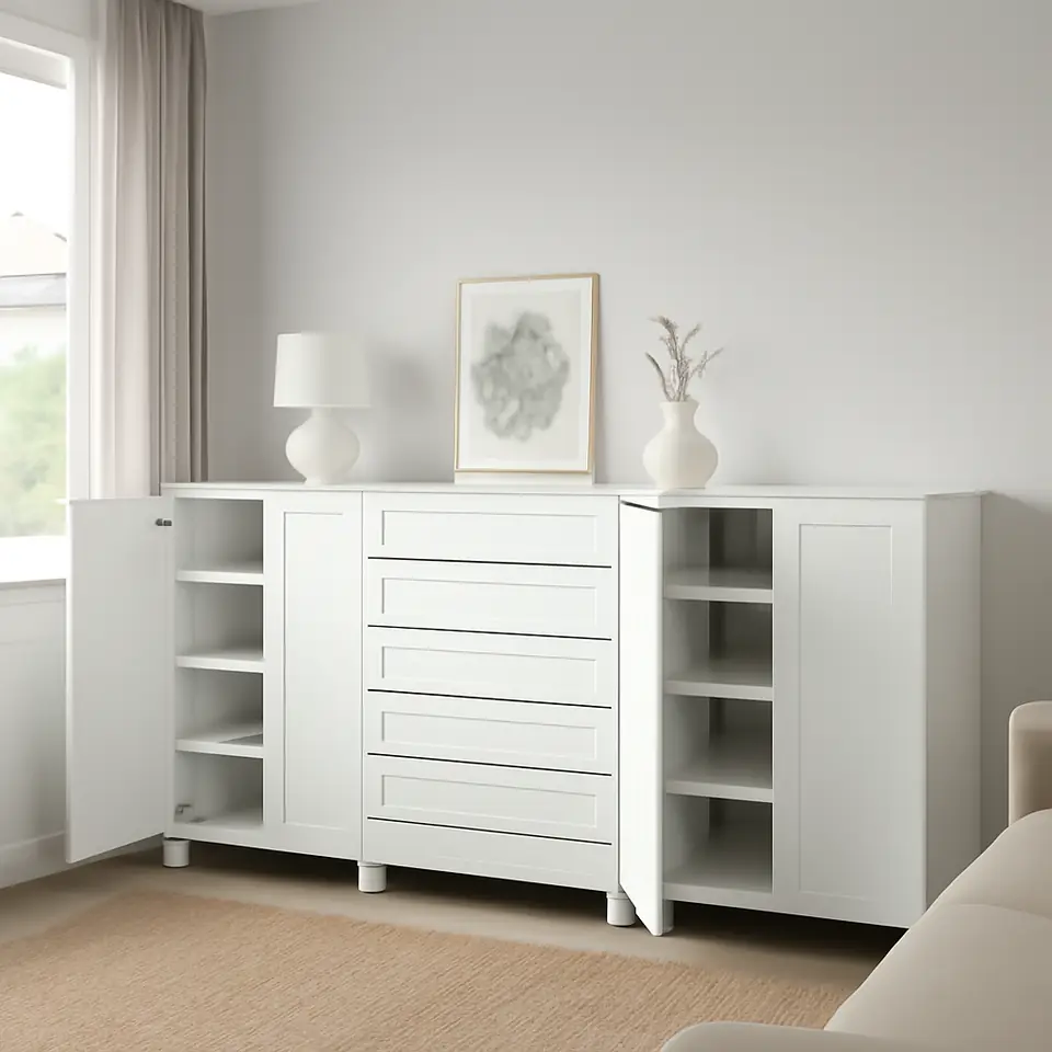 Møbelmontering PLATSA Skab med låger og skuffer, hvid/SANNIDAL hvid, 240x57x133 cm | Billig & Hurtig i København