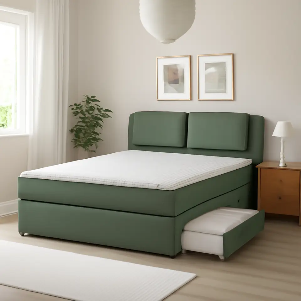 Møbelmontering LILLFJÄLLET Kontinentalseng med opbevaring, Valevåg fast/medium/Nisseholm Tibbleby grøn, 180×200 cm | Professionel Møbelmontør