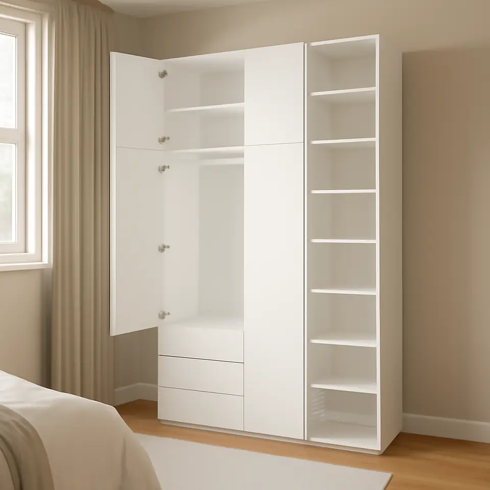 Møbelmontering PLATSA Garderobeskab 4 døre+3 skuffer, hvid/Fonnes hvid, 120x57x241 cm | Professionel Møbelmontør