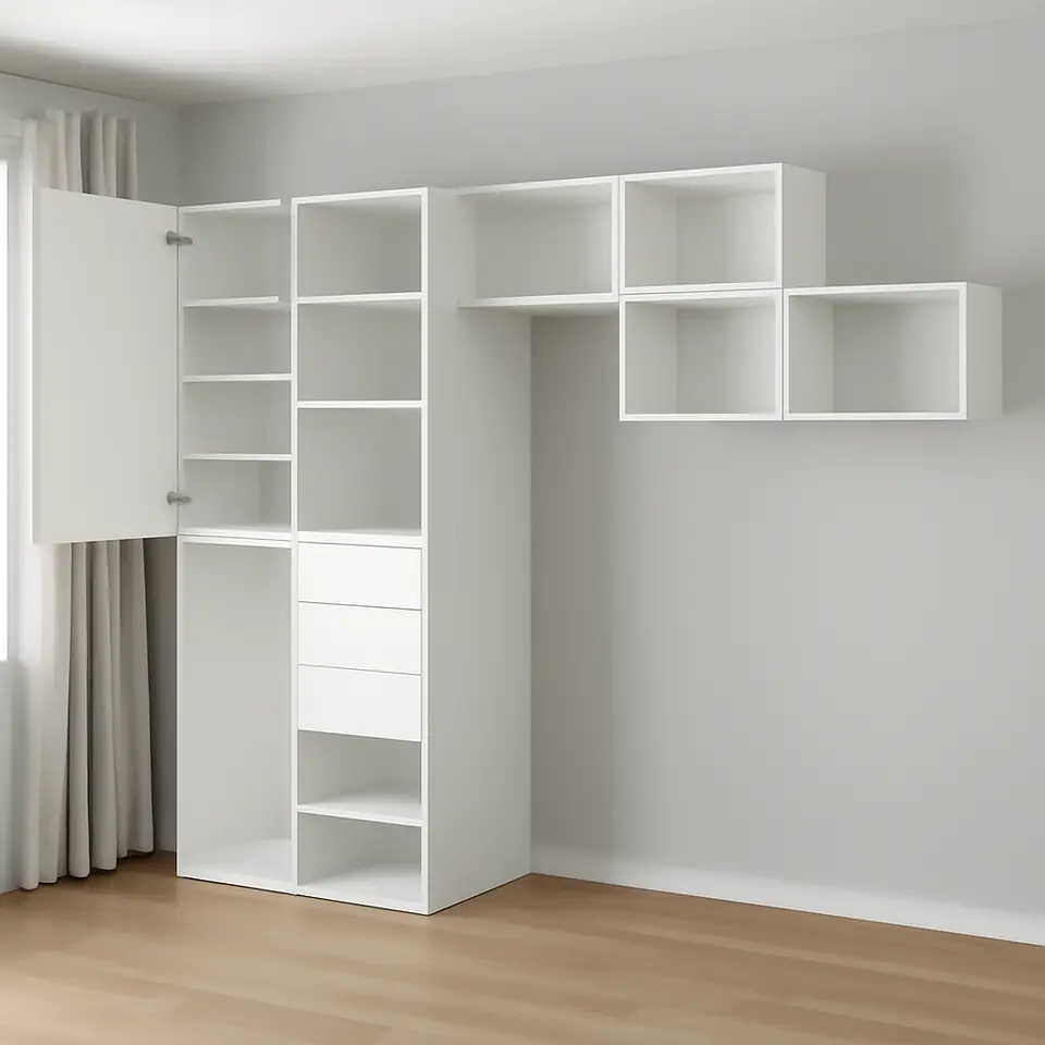 Møbelmontering PLATSA Garderobe m 2 døre + 3 skuffer, hvid/FONNES hvid, 300x57x241 cm | Samling af Møbler i Rødovre & Kbh