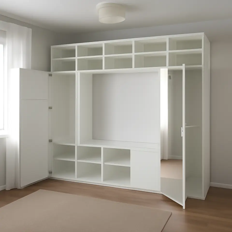 Møbelmontering PLATSA Garderobeskab 5 døre, hvid STRAUMEN spejlglas/FONNES hvid, 300x42x241 cm | Professionel Møbelmontør