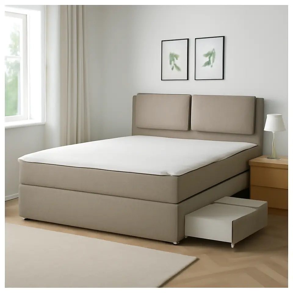 Møbelmontering LILLFJÄLLET Kontinentalseng med opbevaring, Valevåg fast/medium/Nisseholm Tibbleby beige, 180×200 cm | Samling af Møbler i Rødovre & Kbh