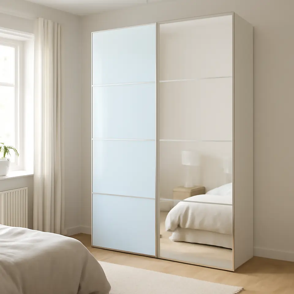 Møbelmontering AULI / FÄRVIK Skydedørspar, spejl/hvidt glas, 150×236 cm | Billig & Hurtig i København