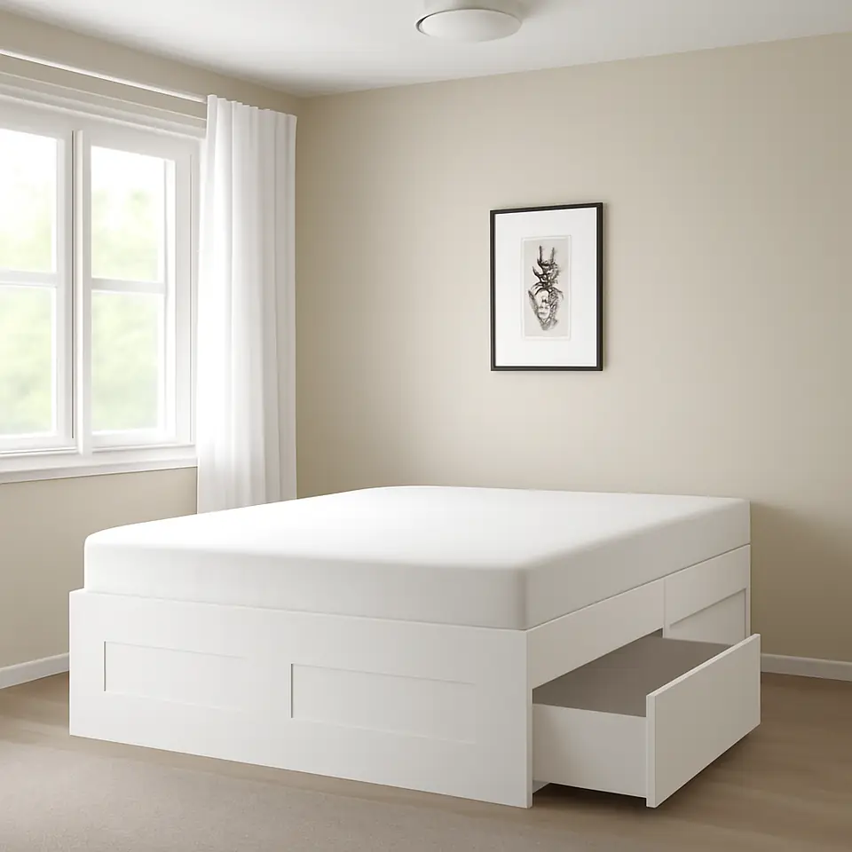 Møbelmontering BRIMNES Sengestel med opbevaring, hvid/Luröy, 140×200 cm | Professionel Møbelmontør