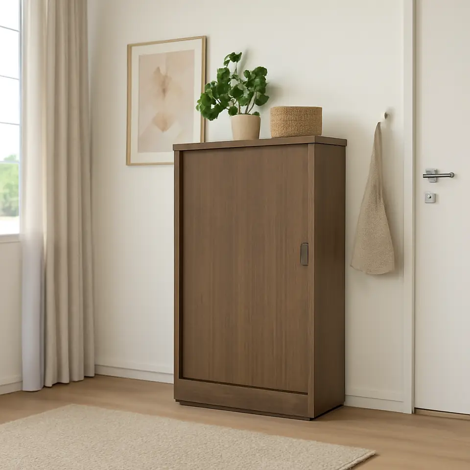 Møbelmontering TONSTAD Skab med skydedøre, brun egetræsfiner med bejdse, 82x37x120 cm | Få et tilbud i dag