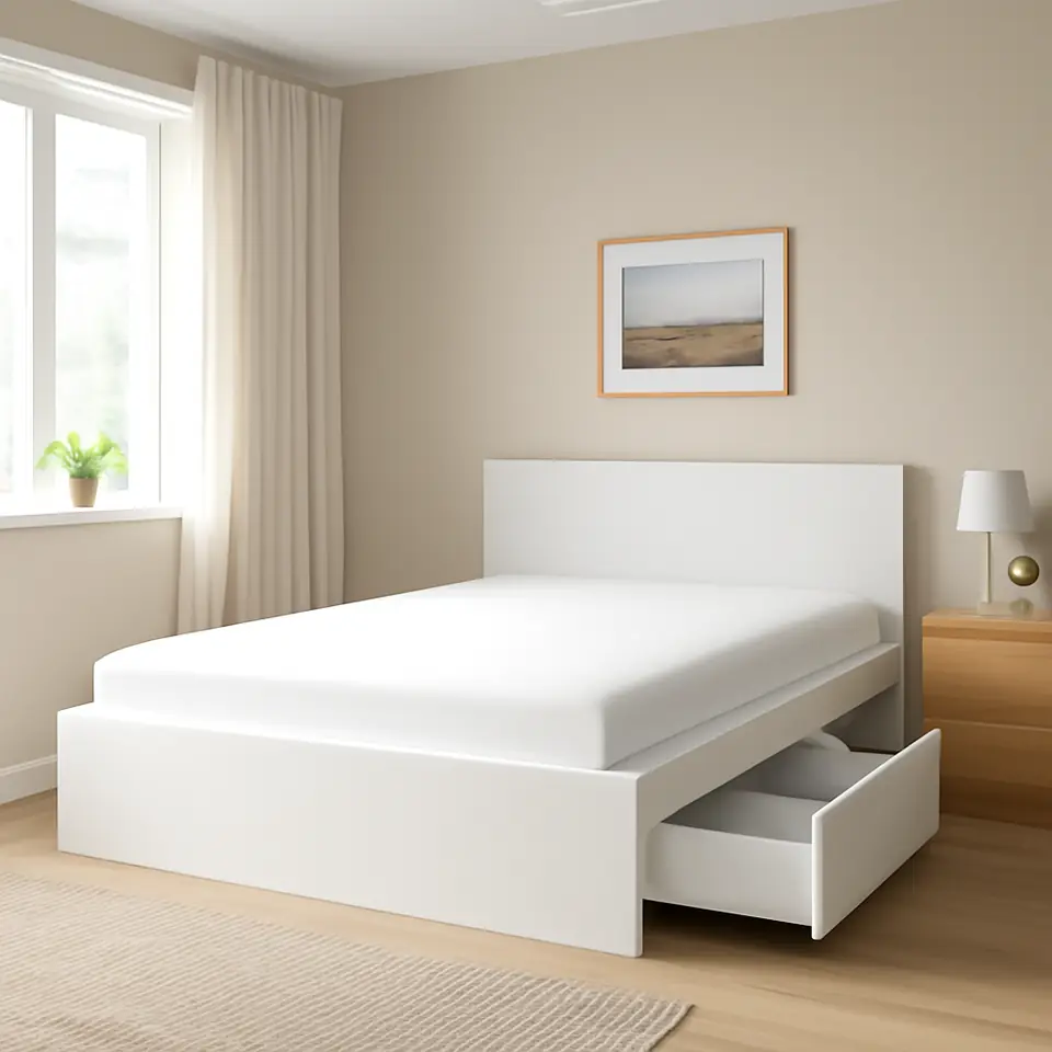 Møbelmontering MALM Sengestel, højt, 4 sengeskuffer, hvid/Luröy, 140×200 cm | Professionel Møbelmontør