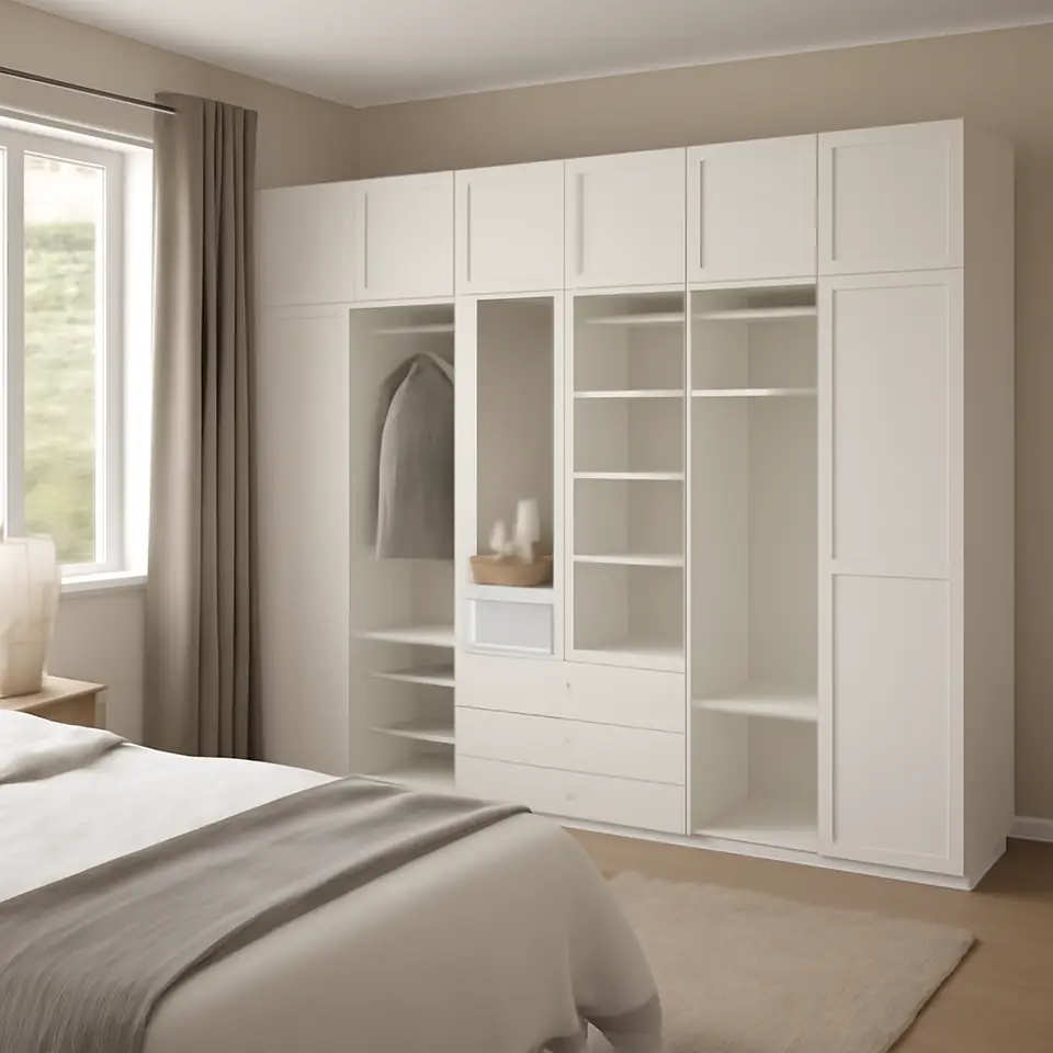 Møbelmontering PLATSA Garderobeskab med 8 døre/3 skuffer, hvid STRAUMEN spejlglas/SANNIDAL hvid, 240x57x221 cm | Professionel Møbelmontør