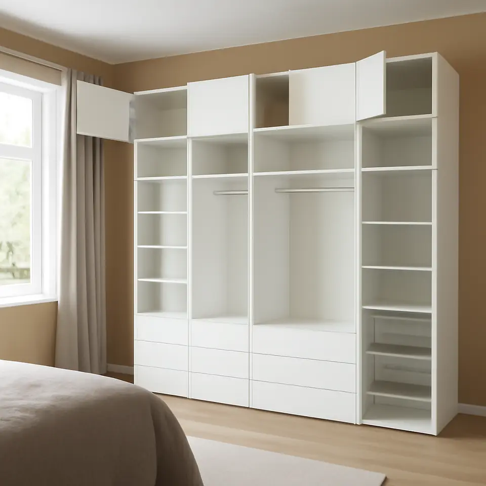 Møbelmontering PLATSA Garderobeskab med 11 døre+9 skuffer, hvid/FONNES hvid, 280x57x261 cm | Fast Pris i Storkøbenhavn