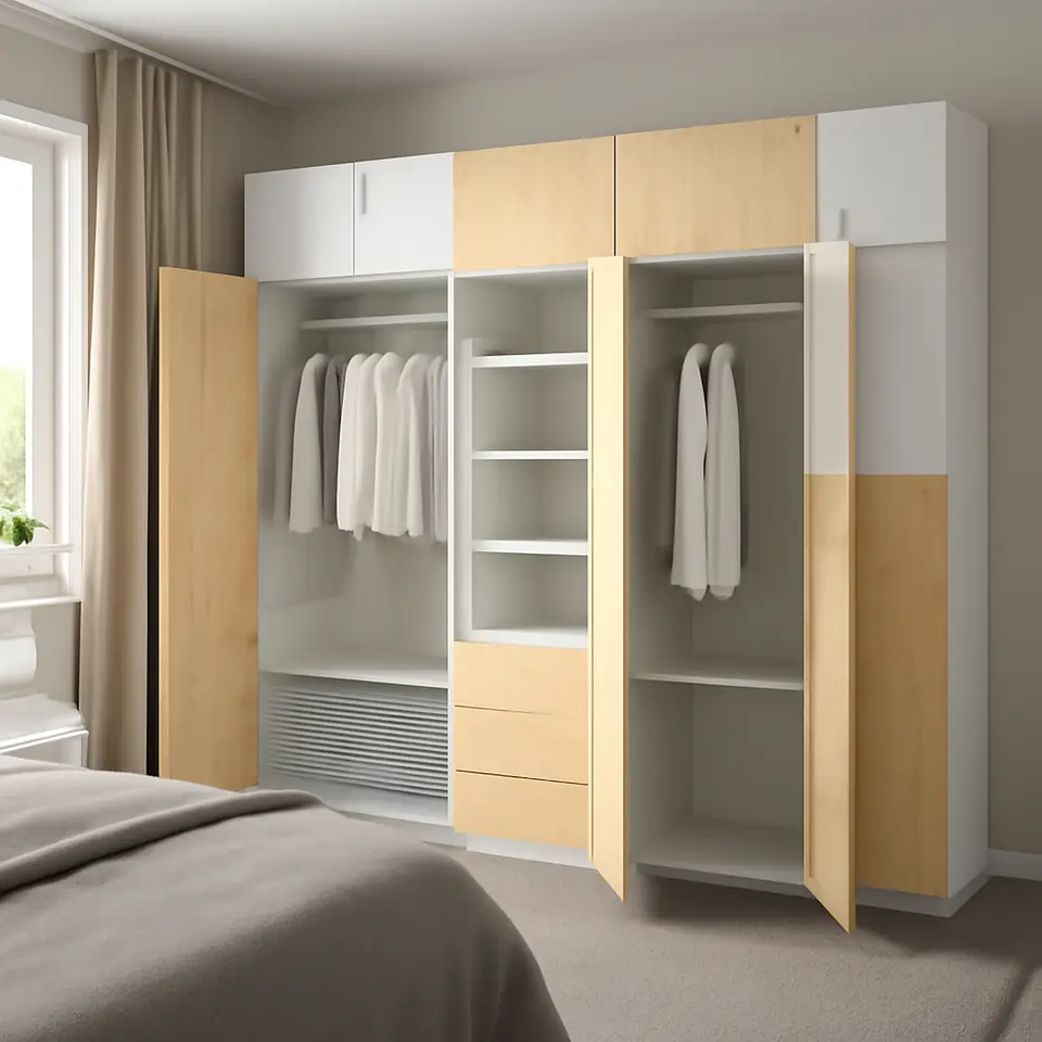 Møbelmontering PLATSA Garderobeskab med 9 døre+3 skuffer, hvid Kalbåden/levende fyrretræsmønster FONNES hvid, 240x57x221 cm | Billig & Hurtig i København