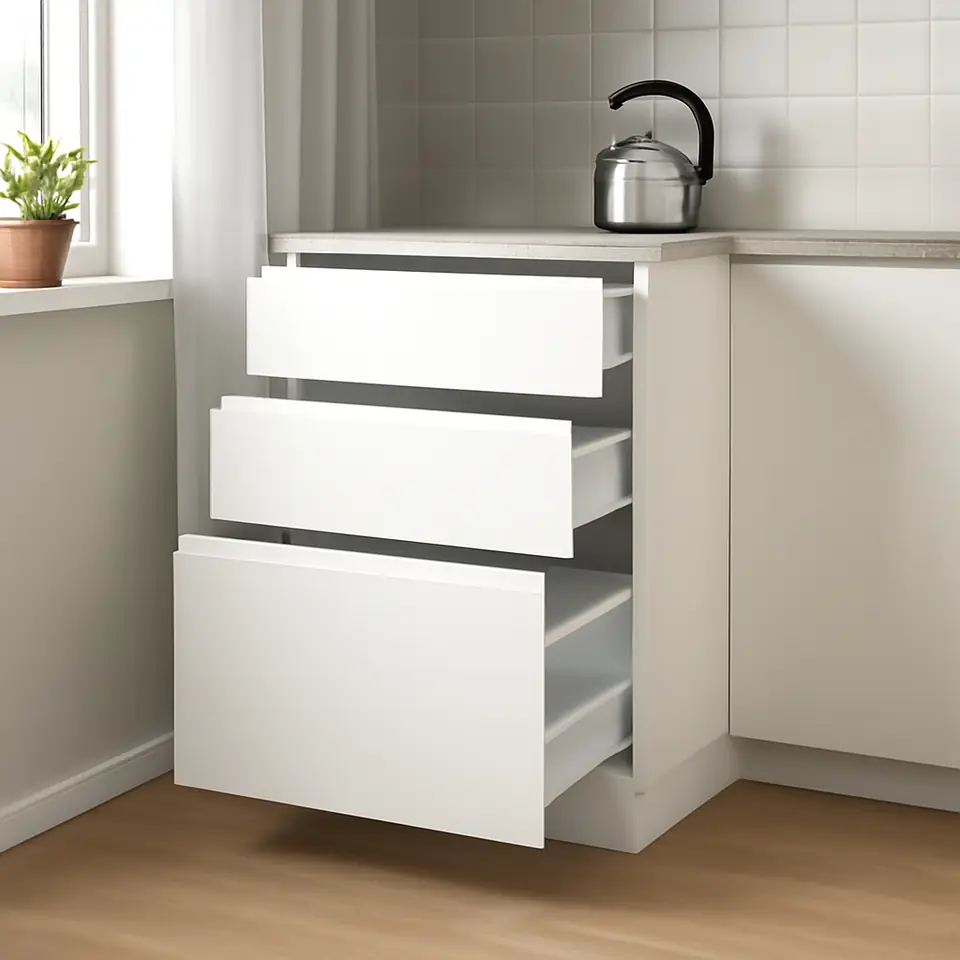 Møbelmontering METOD / MAXIMERA Usk 3 front/2 lav/1 mell/1 høj skuf, hvid/Voxtorp mat hvid, 60×60 cm | Få et tilbud i dag