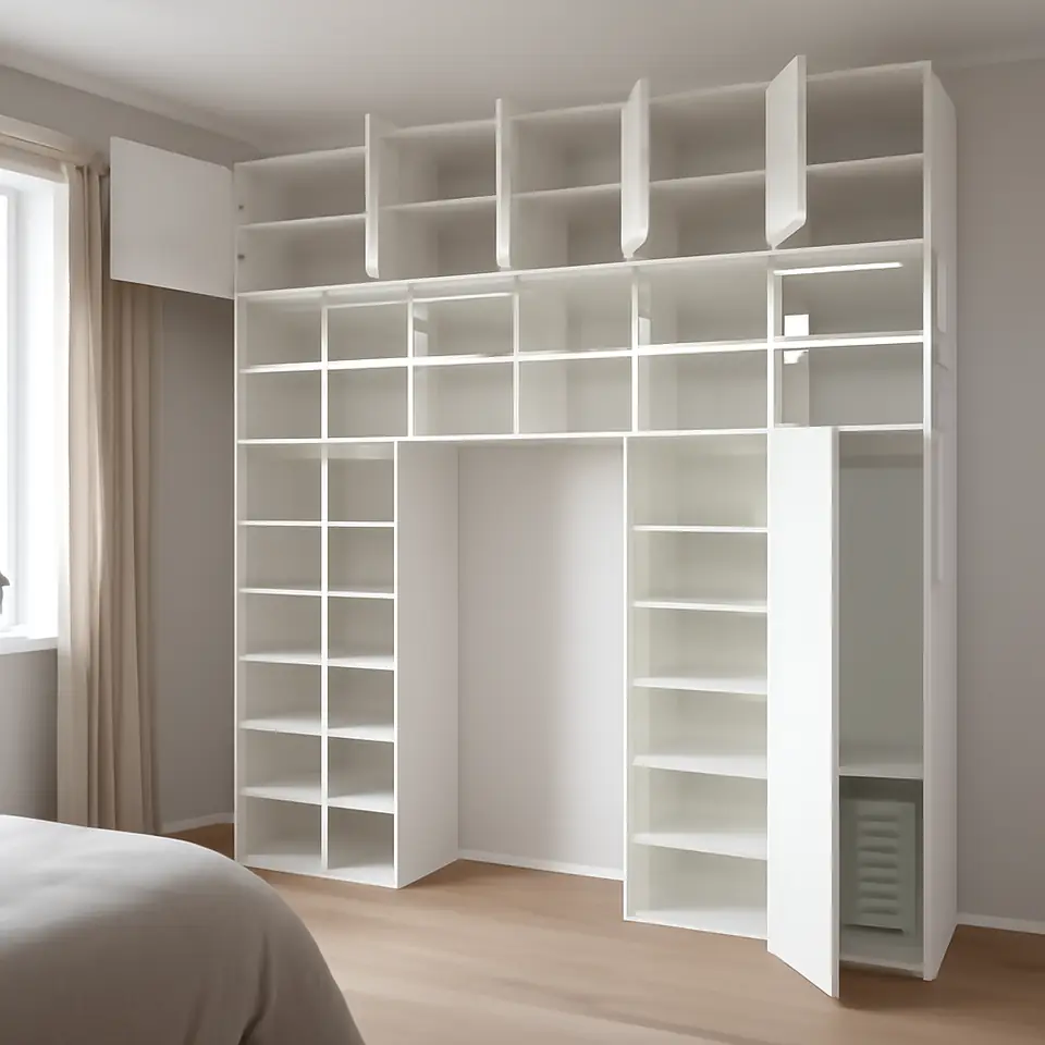 Møbelmontering PLATSA Garderobe med 6 døre, hvid STRAUMEN spejlglas/FONNES hvid, 300x42x301 cm | Billig & Hurtig i København
