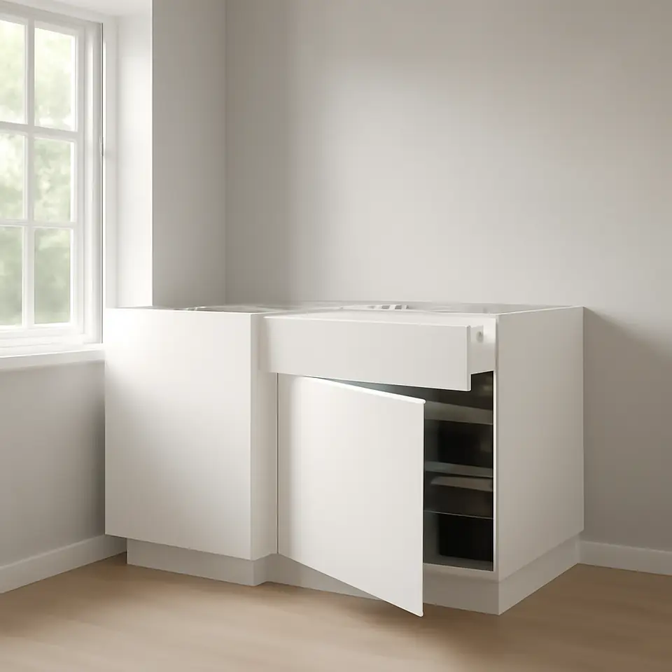 Møbelmontering METOD / MAXIMERA Hjørneunderskab m skuffe og udtræk, hvid/Voxtorp mat hvid, 128×68 cm | Billig & Hurtig i København