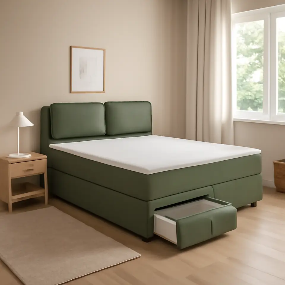 Møbelmontering LILLFJÄLLET Kontinentalseng med opbevaring, Vågstranda fast/medium/Nordberget Tibbleby grøn, 180×200 cm | Professionel Møbelmontør