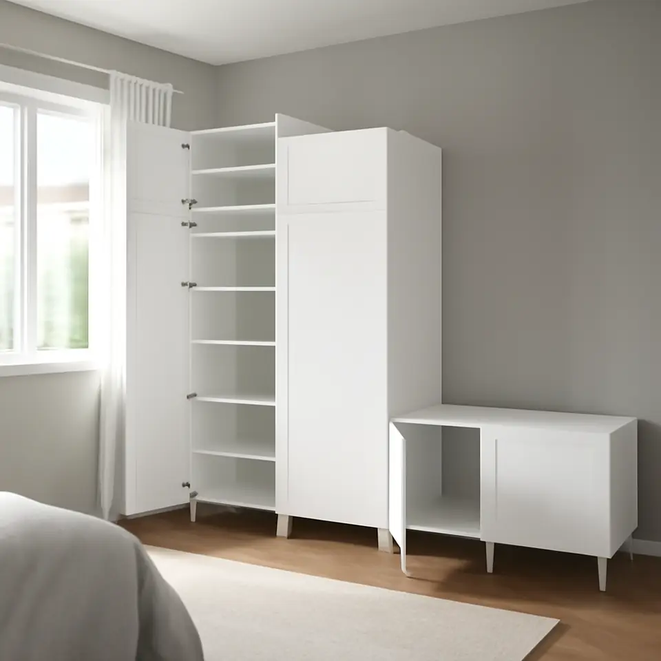 Møbelmontering PLATSA Garderobeskab med 9 døre, hvid Sannidal/hvid, 300x57x271 cm | Professionel Møbelmontør