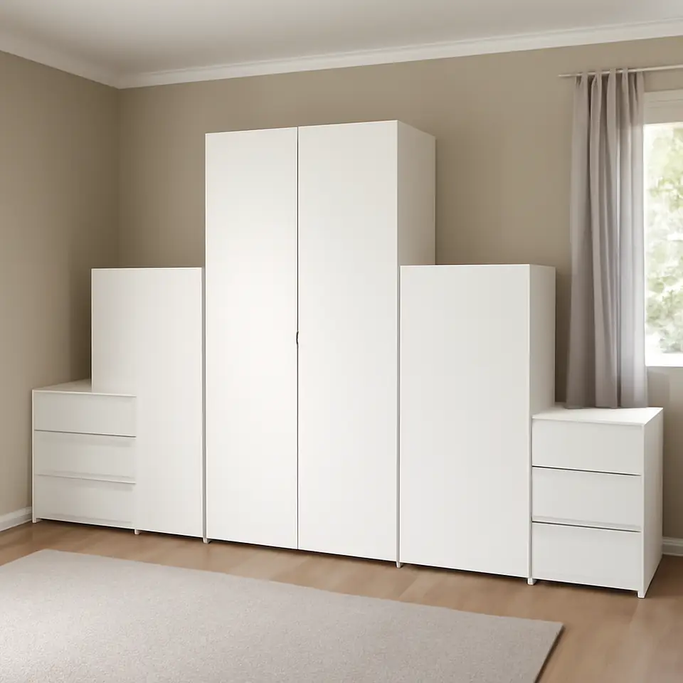 Møbelmontering PLATSA Garderobeskab med 3 døre+6 skuffer, hvid/Fonnes hvid, 300x57x181 cm | Fast Pris i Storkøbenhavn