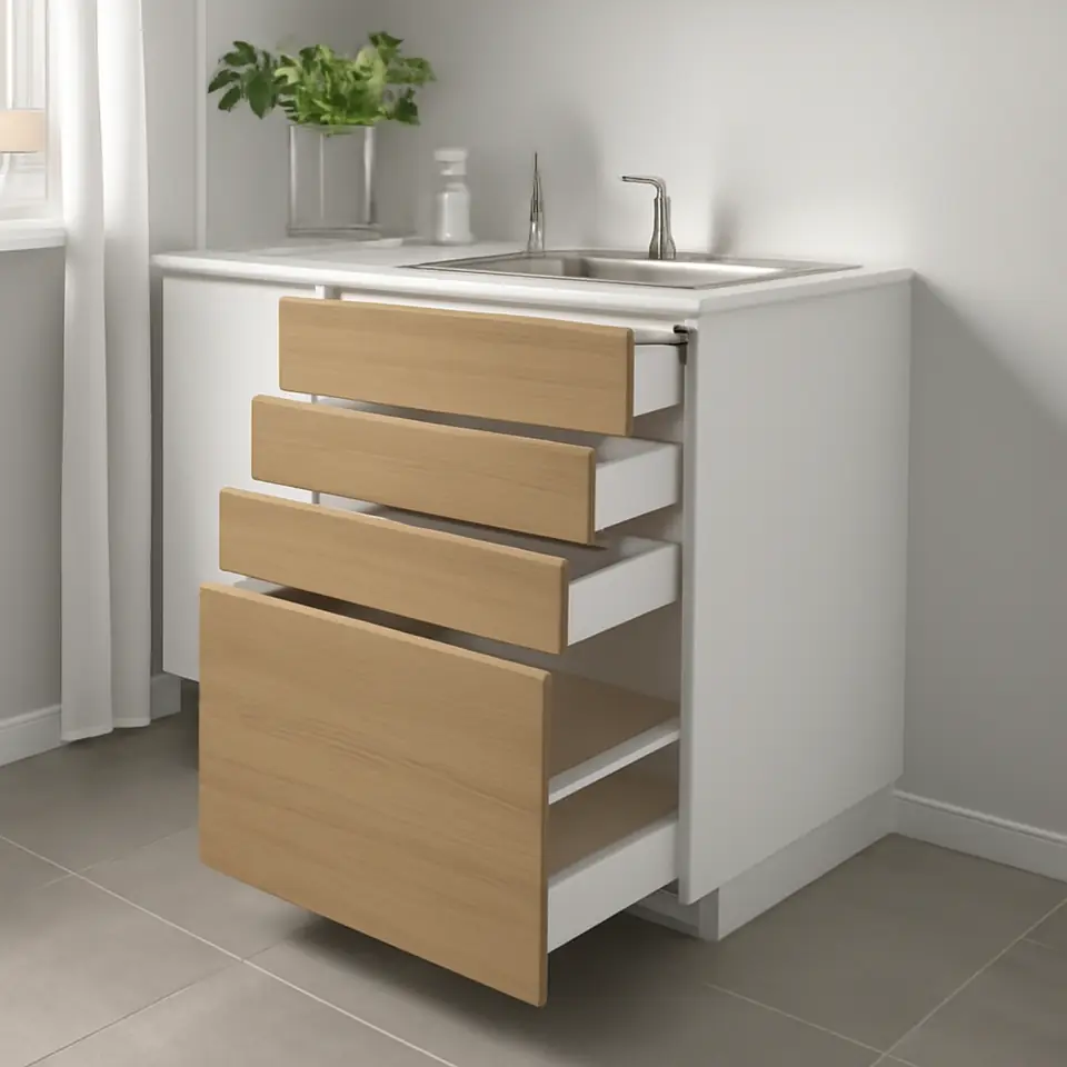 Møbelmontering METOD / MAXIMERA Uskab m udtræk arbejdsplds/3 skuf, hvid/Voxtorp egetræsmønstret, 60×60 cm | Samling af Møbler i Rødovre & Kbh