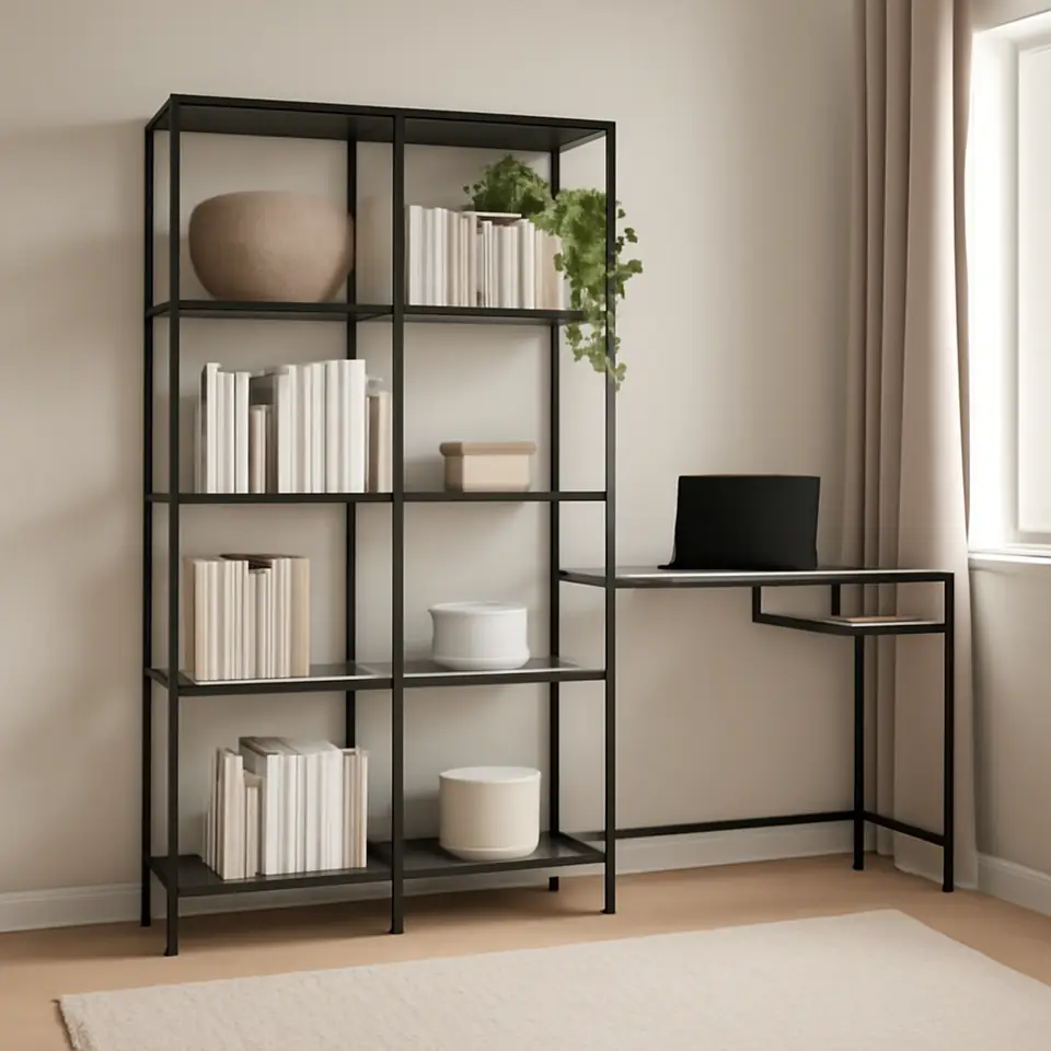 Møbelmontering VITTSJÖ Reol med bord til bærbar computer, sortbrun/glas, 200x36x175 cm | Få et tilbud i dag