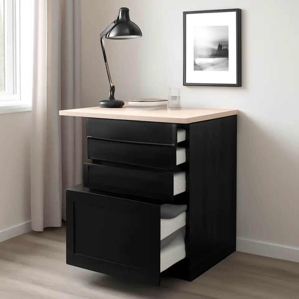 Møbelmontering METOD / MAXIMERA Uskab m udtræk arbejdsplds/3 skuf, sort/Lerhyttan sort bejdse, 60×60 cm | Billig & Hurtig i København