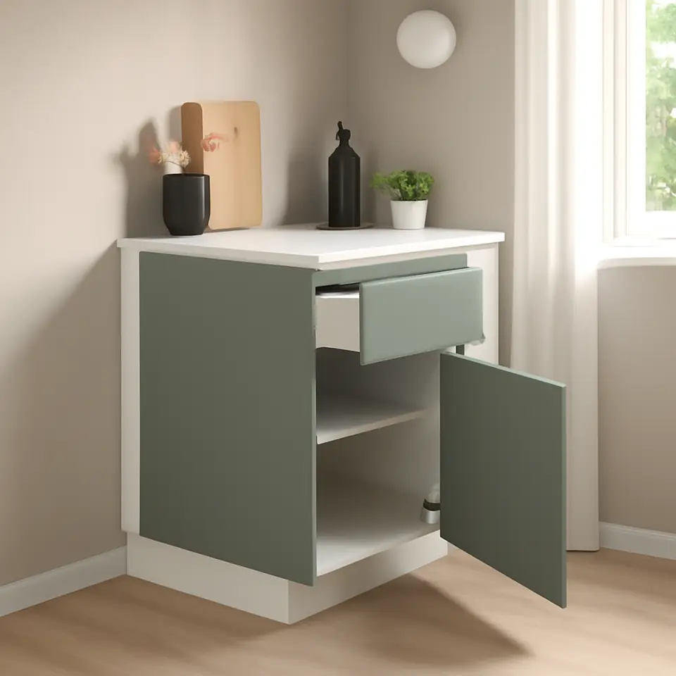 Møbelmontering METOD / MAXIMERA Underskab med skuffe/låge, hvid/Nickebo mat grå-grøn, 60×37 cm | Professionel Møbelmontør