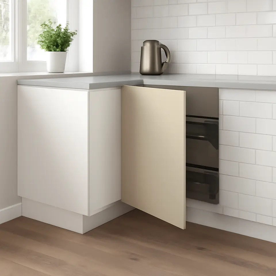 Møbelmontering METOD Hjørneunderskab med udtræksindretn, hvid/Havstorp beige, 128×68 cm | Fast Pris i Storkøbenhavn