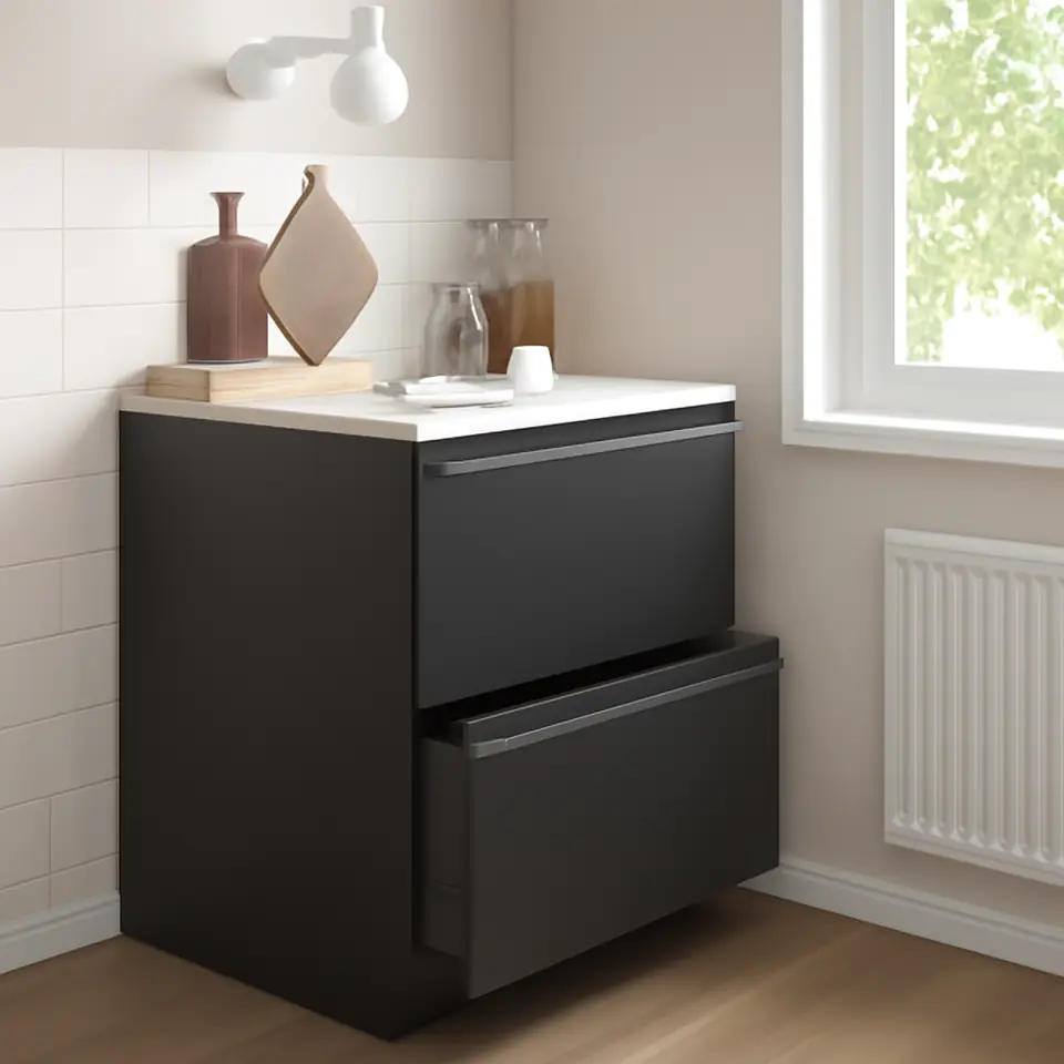 Møbelmontering METOD / KNIVSHULT Uskab m udtræk arbejdsplds/3 skuf, gråsort/Upplöv mat antracit, 60×60 cm | Samling af Møbler i Rødovre & Kbh