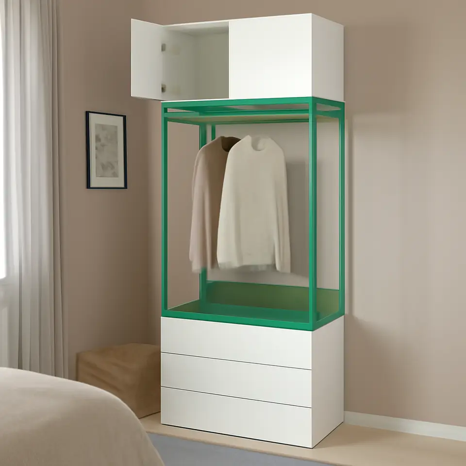 Møbelmontering PLATSA Garderobe m 2 døre + 3 skuffer, hvid/Fonnes grøn, 80x42x221 cm | Billig & Hurtig i København