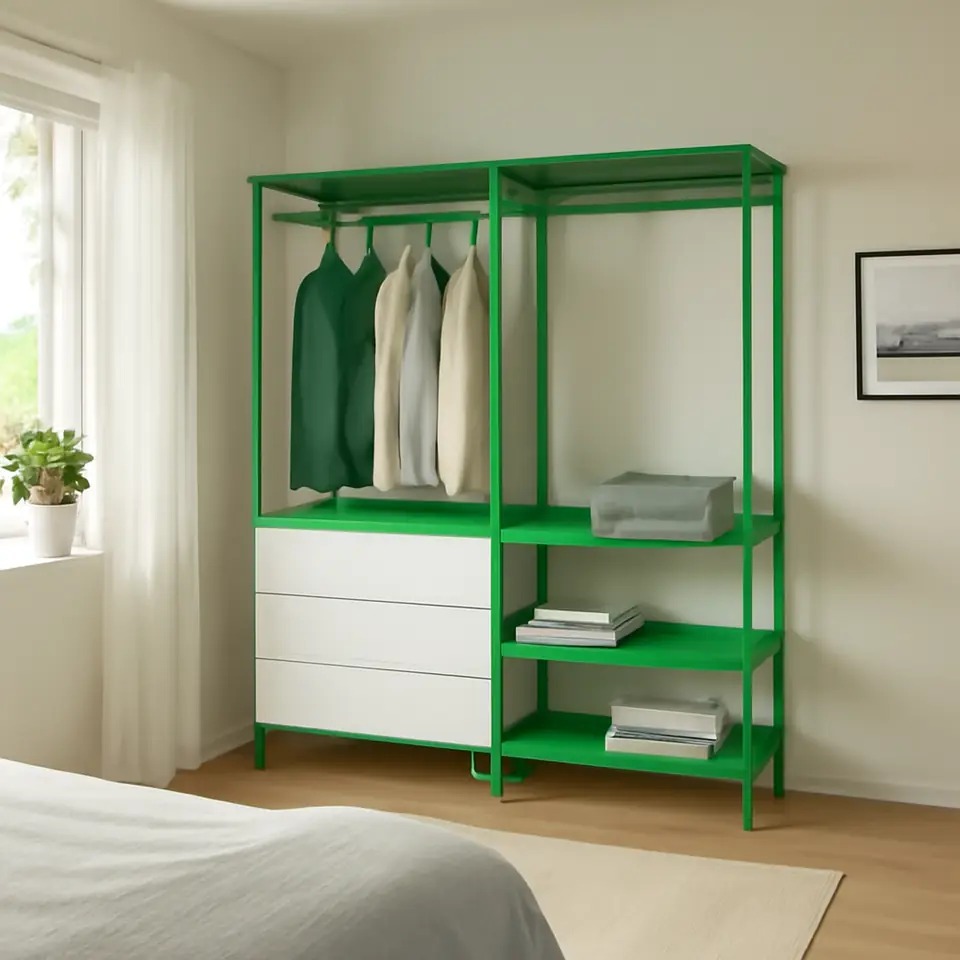 Møbelmontering PLATSA Åben garderobe med 3 skuffer, hvid/Fonnes grøn, 160x42x191 cm | Billig & Hurtig i København
