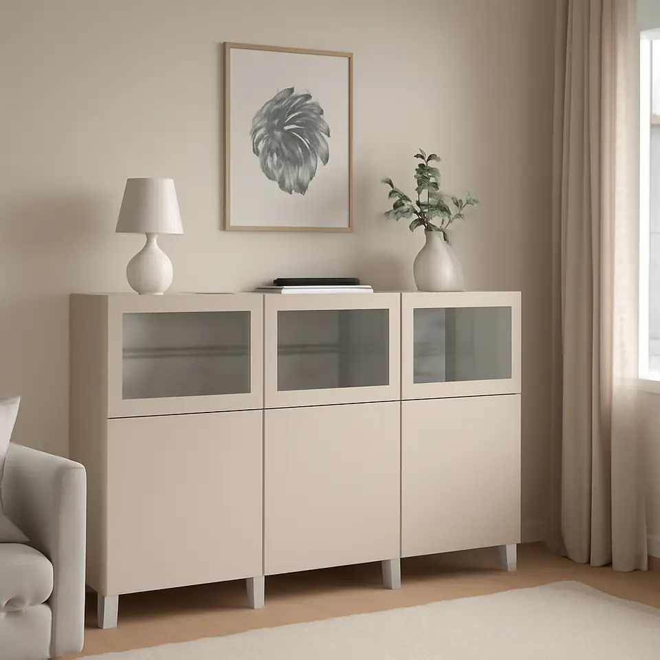 Møbelmontering BESTÅ Opbevaring med låger, hvid Lappviken/lys gråbeige klart glas, 180x42x112 cm | Få et tilbud i dag