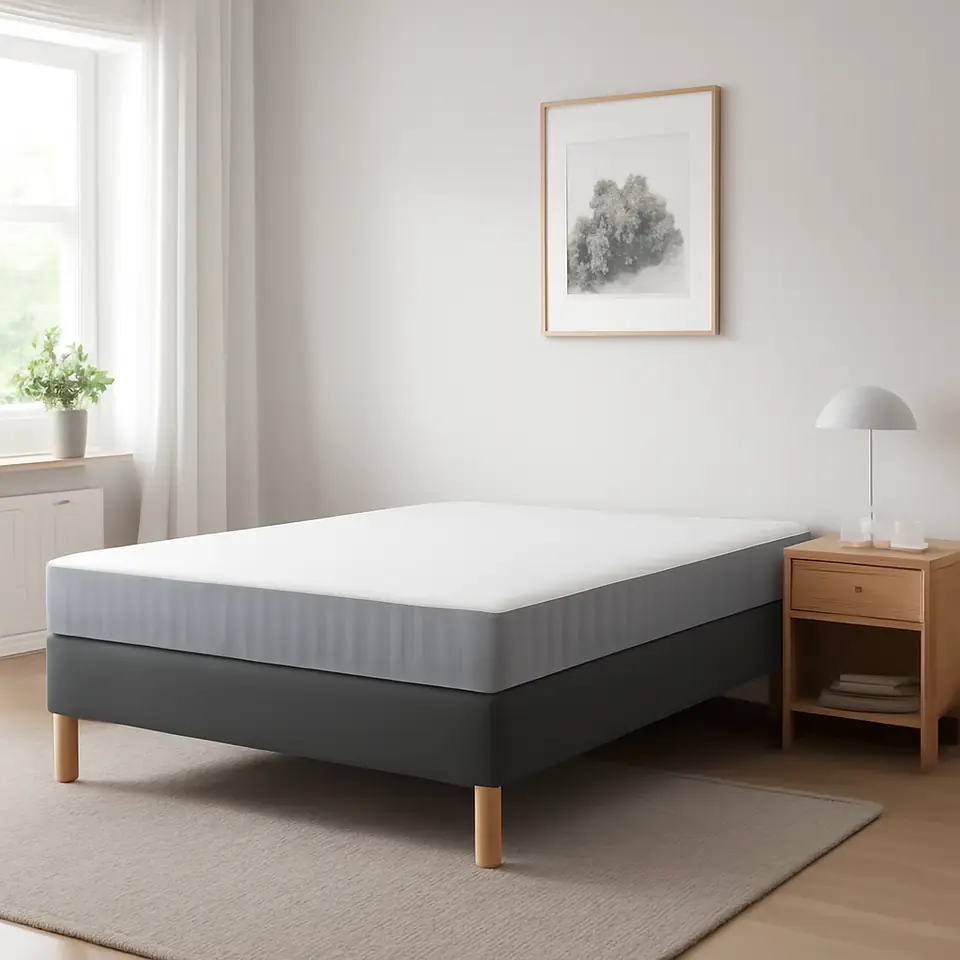 Møbelmontering LYNGÖR Kontinentalseng, Vesteröy fast/lyseblå mørkegrå, 140×200 cm | Samling af Møbler i Rødovre & Kbh