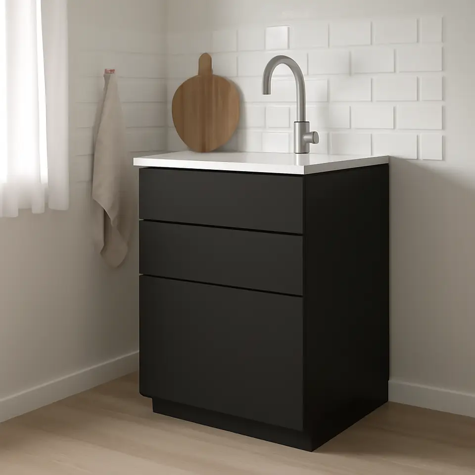 Møbelmontering METOD / KNIVSHULT Undska t HAVSEN vask/3 fron/2 skuf, gråsort/Nickebo mat antracit, 60×60 cm | Professionel Møbelmontør