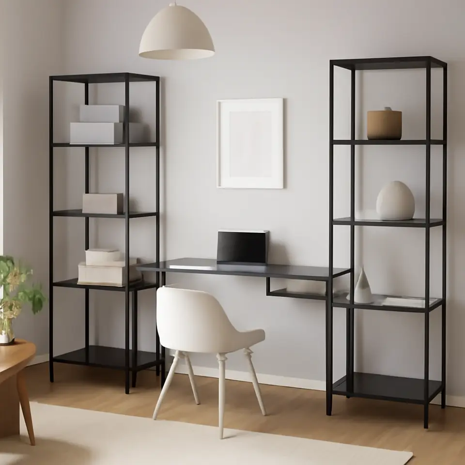Møbelmontering VITTSJÖ Reol med bord til bærbar computer, sortbrun/glas, 202x36x175 cm | Fast Pris i Storkøbenhavn