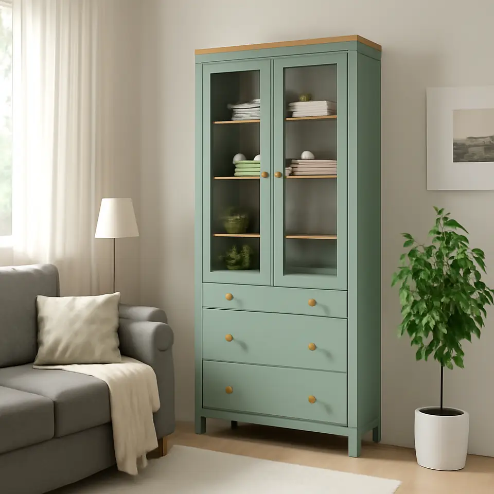 Møbelmontering HEMNES Vitrineskab med 3 skuffer, grågrøn/lysebrun med bejdse, 90×197 cm | Samling af Møbler i Rødovre & Kbh