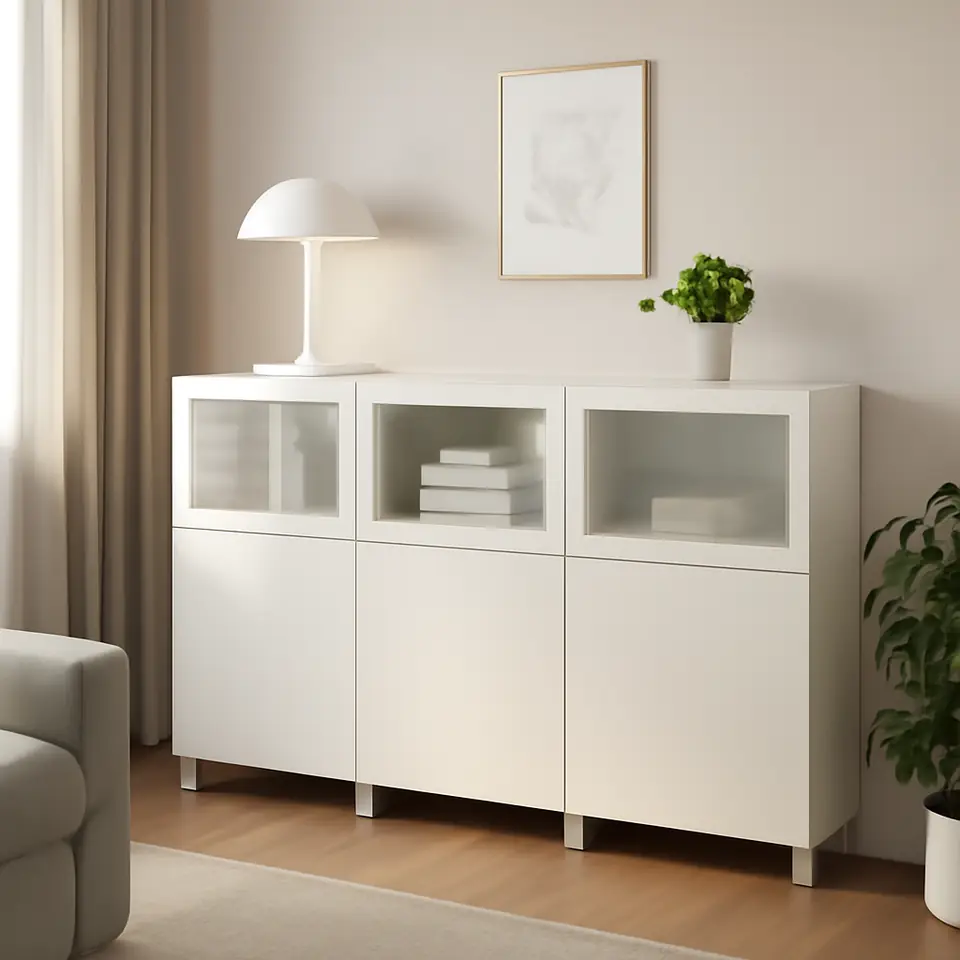 Møbelmontering BESTÅ Opbevaring med låger, hvid Lappviken/Sindvik hvidt klart glas, 180x42x112 cm | Billig & Hurtig i København