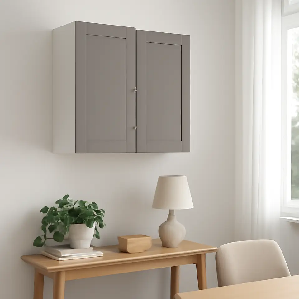 Møbelmontering ENHET Vægskab med 2 hylder/låger, hvid/grå stel, 80x32x75 cm | Professionel Møbelmontør