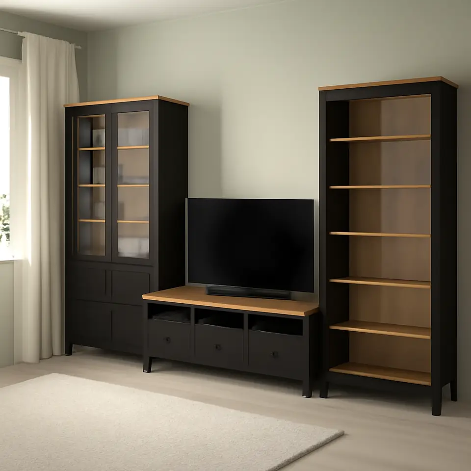 Møbelmontering HEMNES Tv-møbel, kombination, sortbrun/lysebrun klart glas, 326×197 cm | Få et tilbud i dag