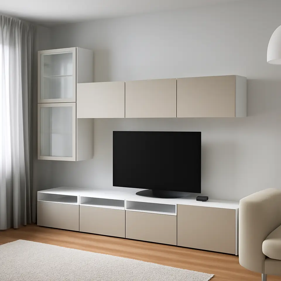 Møbelmontering BESTÅ Tv-møbel m opbevaring/vitrinelåger, hvid Lappviken/lys gråbeige klart glas, 300x42x211 cm | Få et tilbud i dag