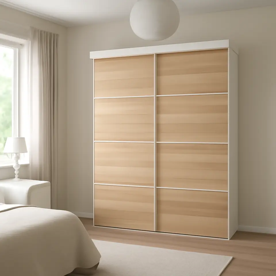 Møbelmontering SKYTTA / MEHAMN Skydedør, kombination, hvid/dobbeltsidet egetræsmønster med hvid bejdse, 152×205 cm | Få et tilbud i dag