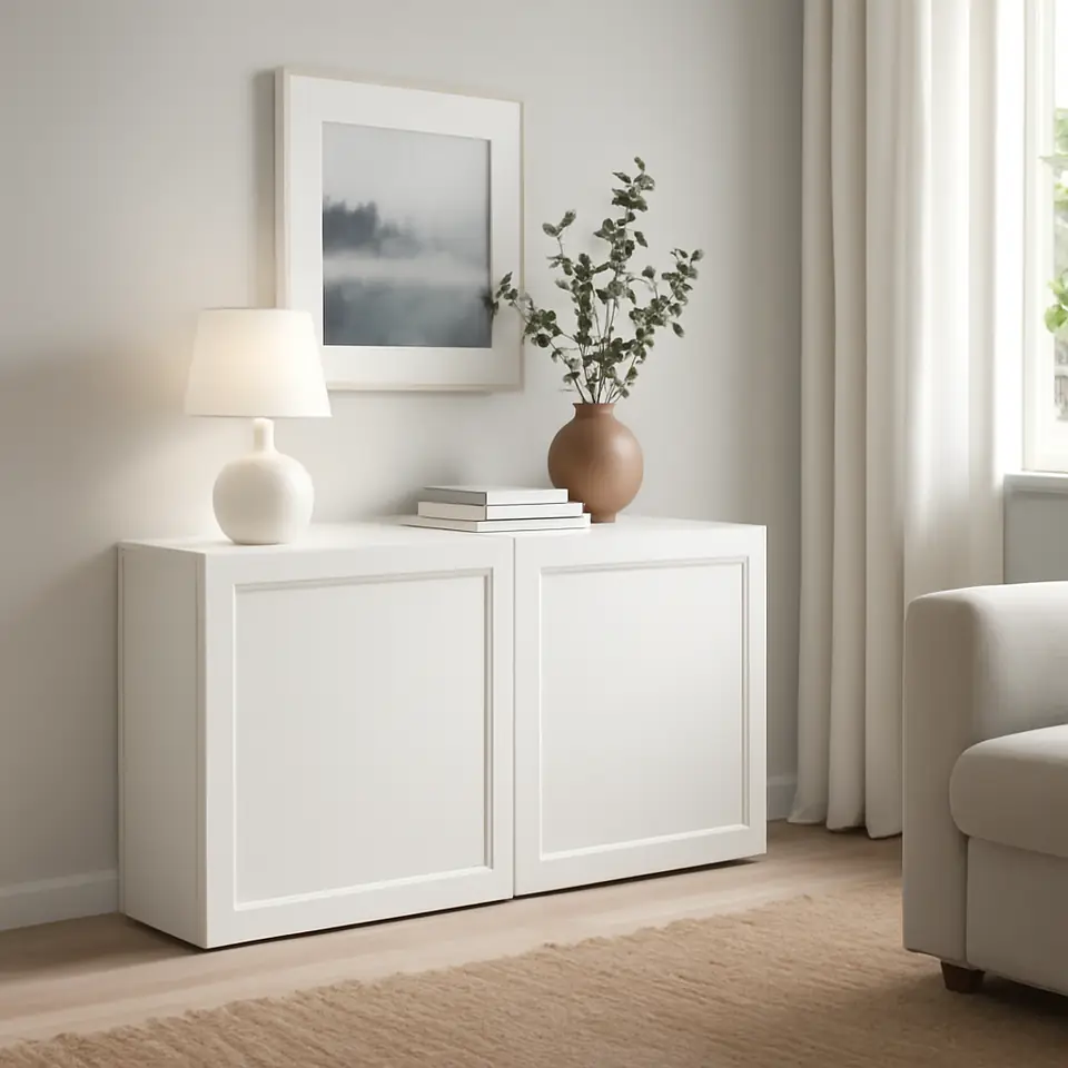 Møbelmontering BESTÅ Reol med døre, hvid/Smeviken hvid, 120x42x64 cm | Fast Pris i Storkøbenhavn