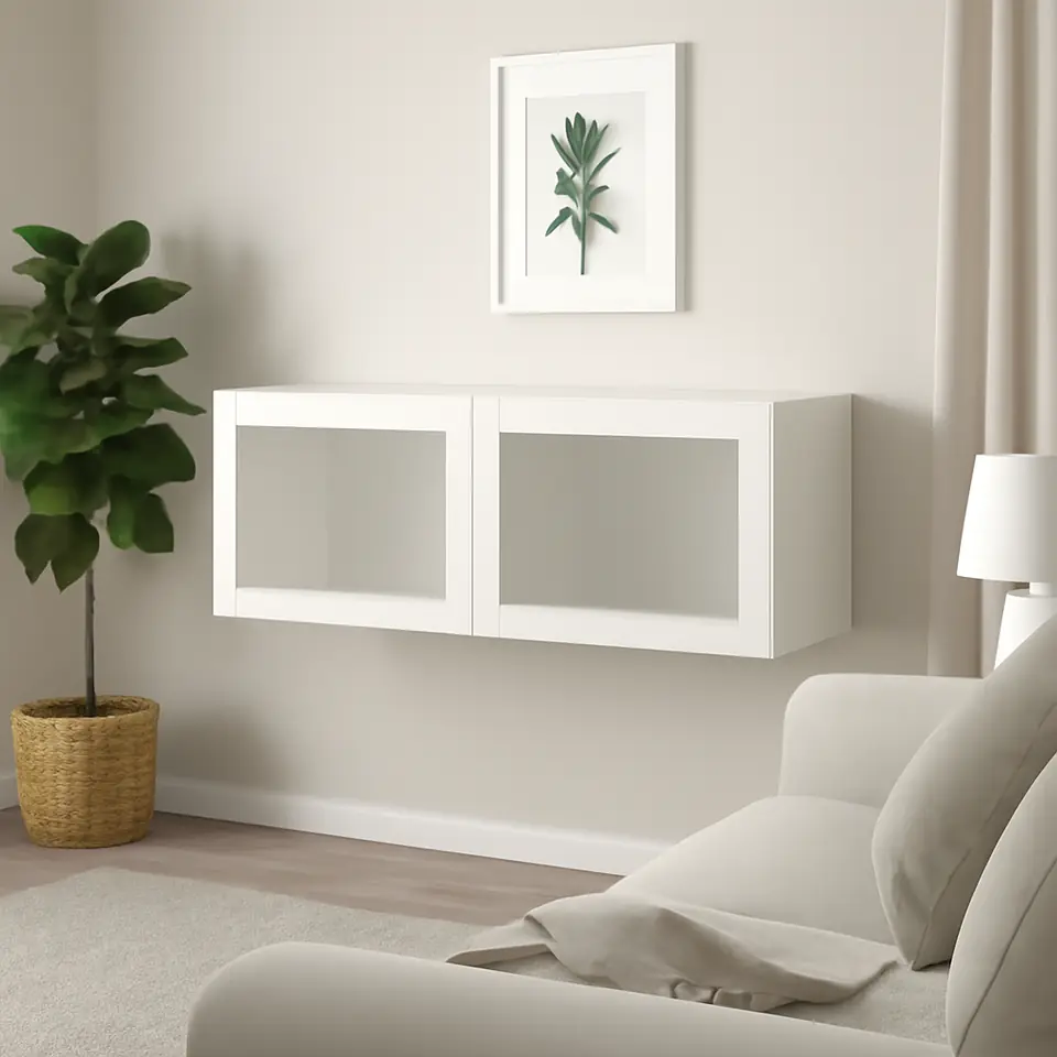 Møbelmontering BESTÅ Vægmonteret skabskombination, hvid/Sindvik hvid, 120x42x38 cm | Professionel Møbelmontør