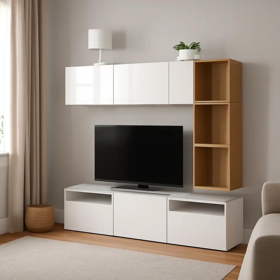 Møbelmontering BESTÅ / EKET Tv-bord, hvid/Selsviken højglans/hvid, 180x42x166 cm | Få et tilbud i dag