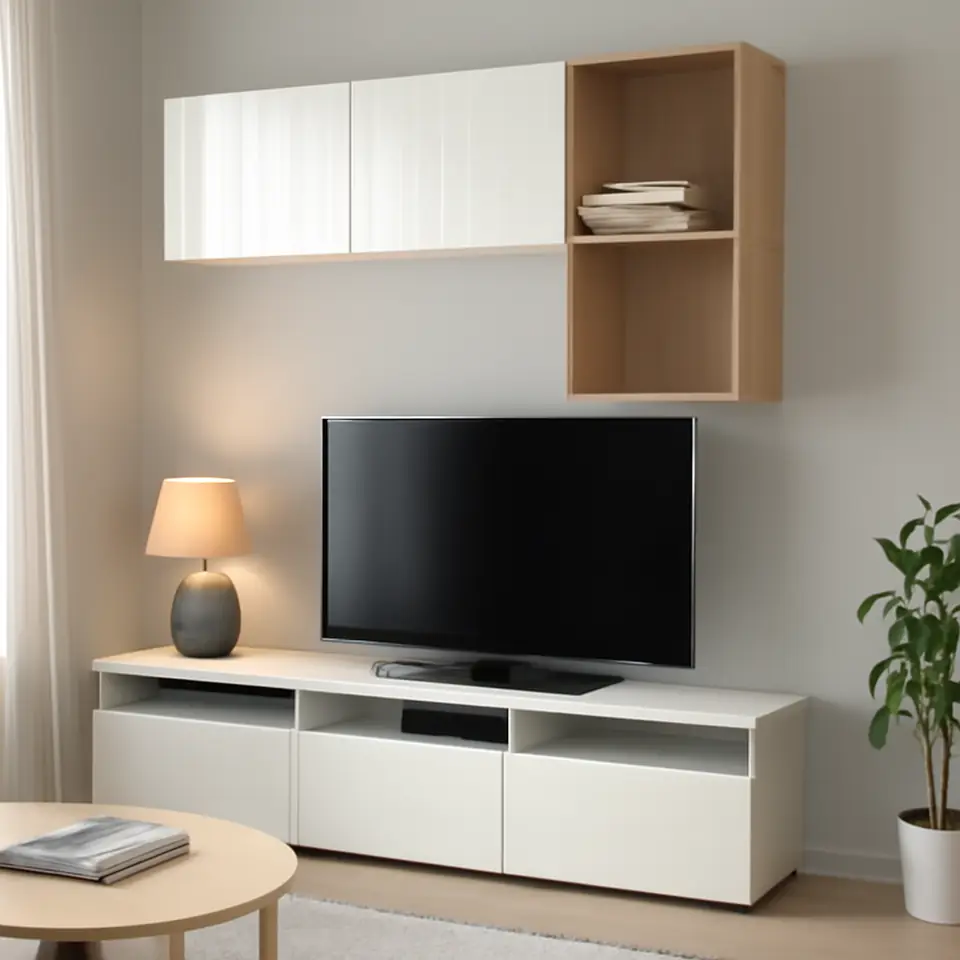 Møbelmontering BESTÅ / EKET Tv-bord, hvid/Selsviken højglans/hvid, 180x42x166 cm | Professionel Møbelmontør