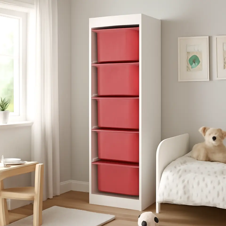 Møbelmontering TROFAST Opbevaringskombination med bokse, hvid/rød, 46x30x145 cm | Professionel Møbelmontør
