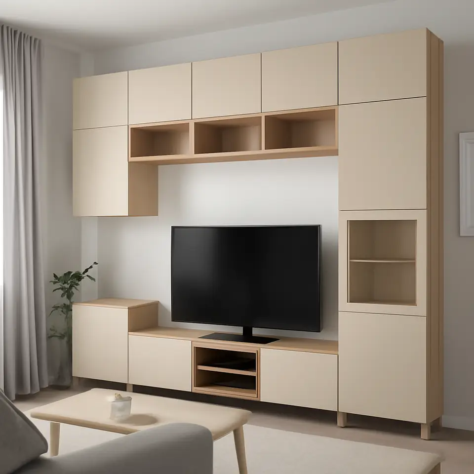 Møbelmontering BESTÅ Tv-møbel m opbevaring/vitrinelåger, egetræsfiner med hvid bejdse Lappviken/Sindvik klart glas, 360x42x240 cm | Få et tilbud i dag