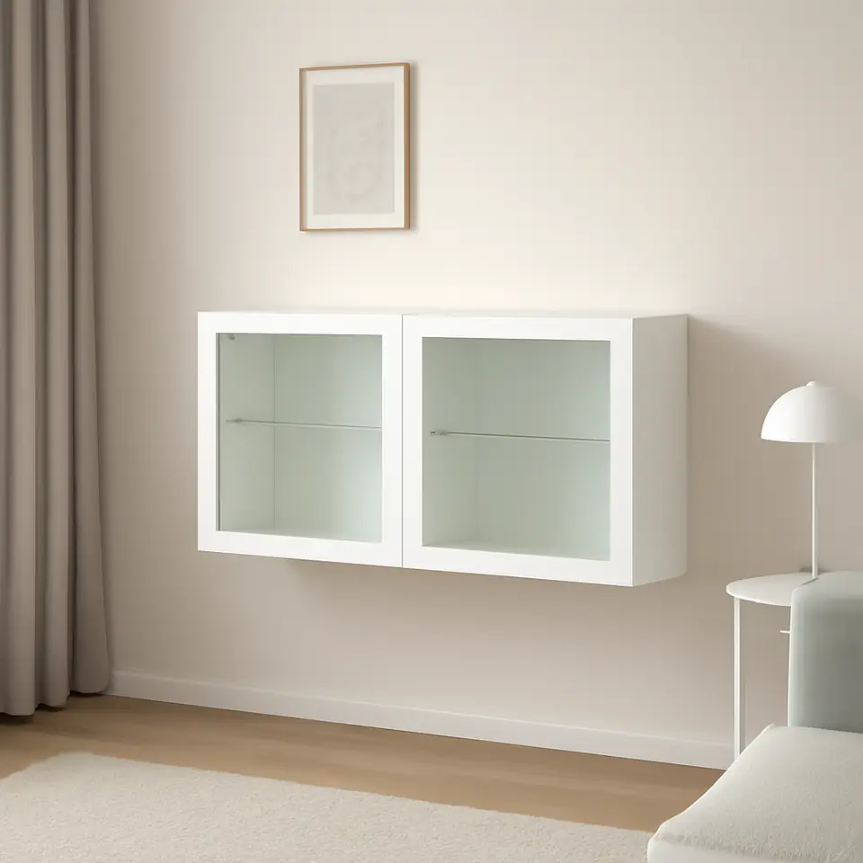 Møbelmontering BESTÅ Vægmonteret skabskombination, hvid Glassvik/hvid/lysegrøn klart glas, 120x42x64 cm | Fast Pris i Storkøbenhavn