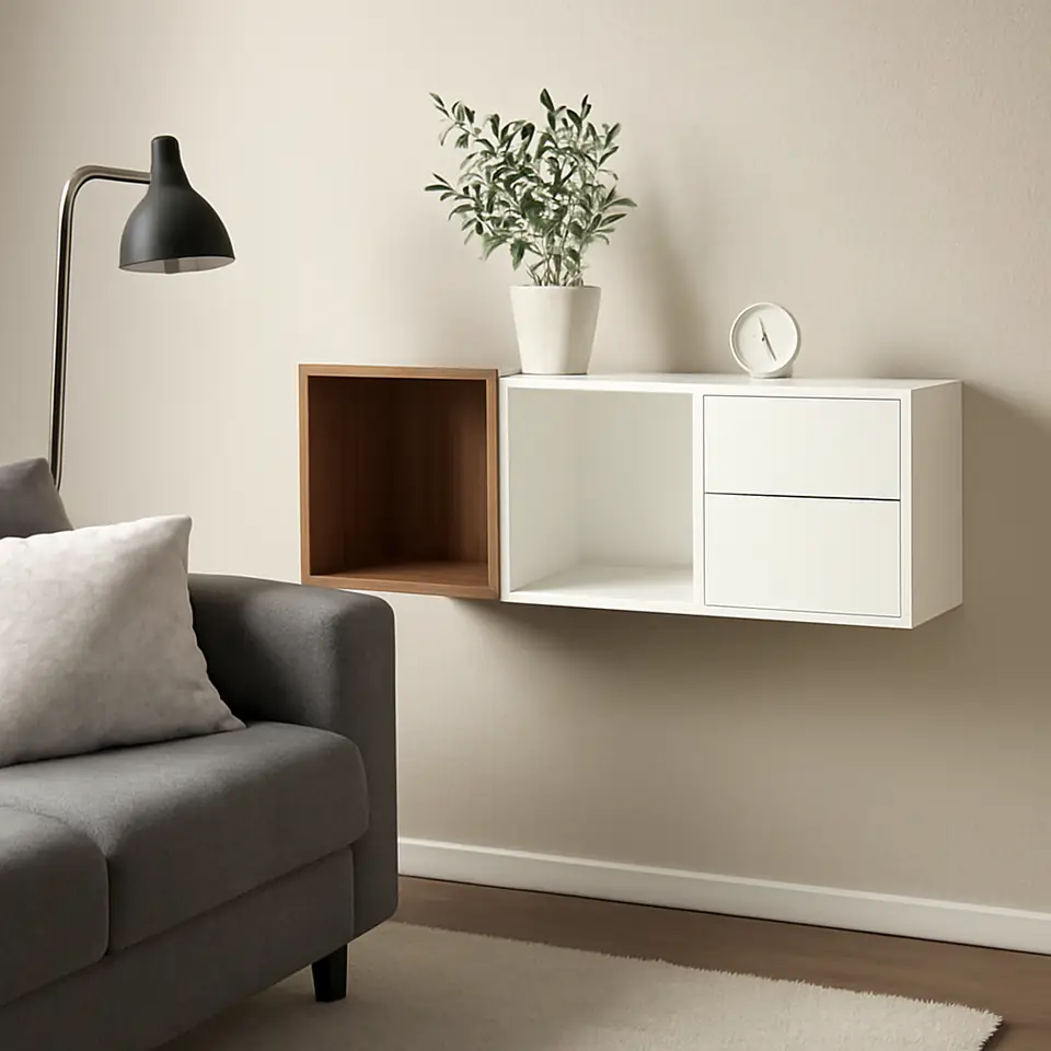 Møbelmontering EKET Vægmonteret opbevaringsløsning, hvid/valnøddetræsmønster, 105x35x70 cm | Billig & Hurtig i København