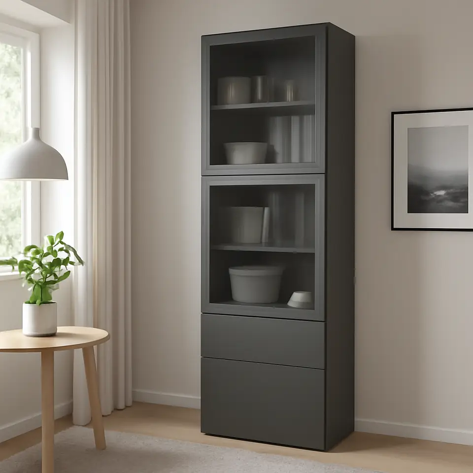 Møbelmontering BESTÅ Opbevaringsløsning med vitrinelåger, mørkegrå Lappviken/Fällsvik antracit, 60x42x193 cm | Professionel Møbelmontør